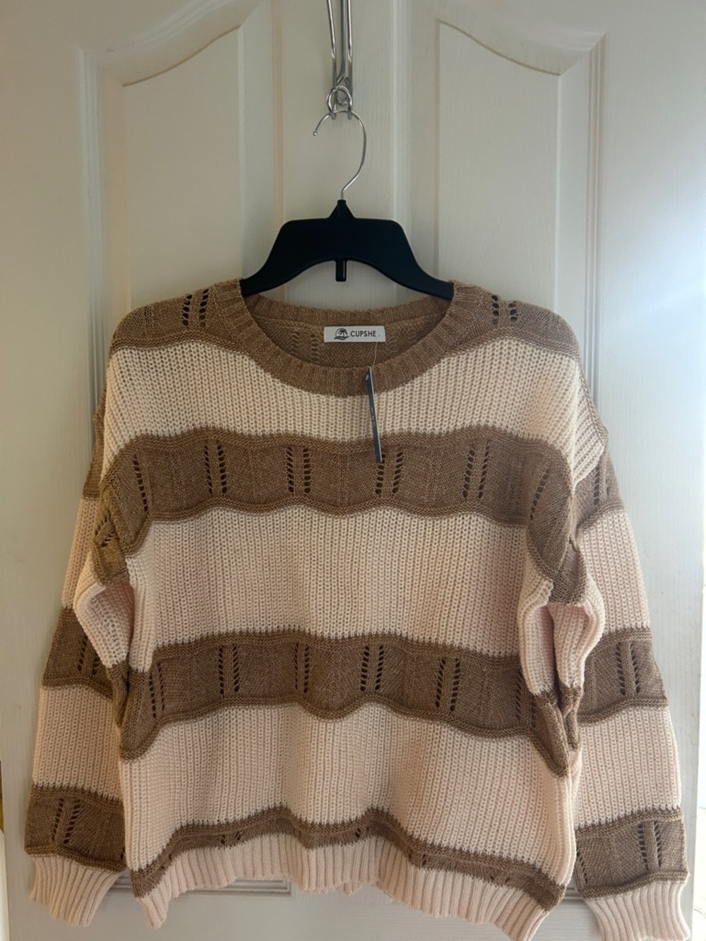 Cupshe Cream and Brown Wide-Stripe Crew Neck Sweater